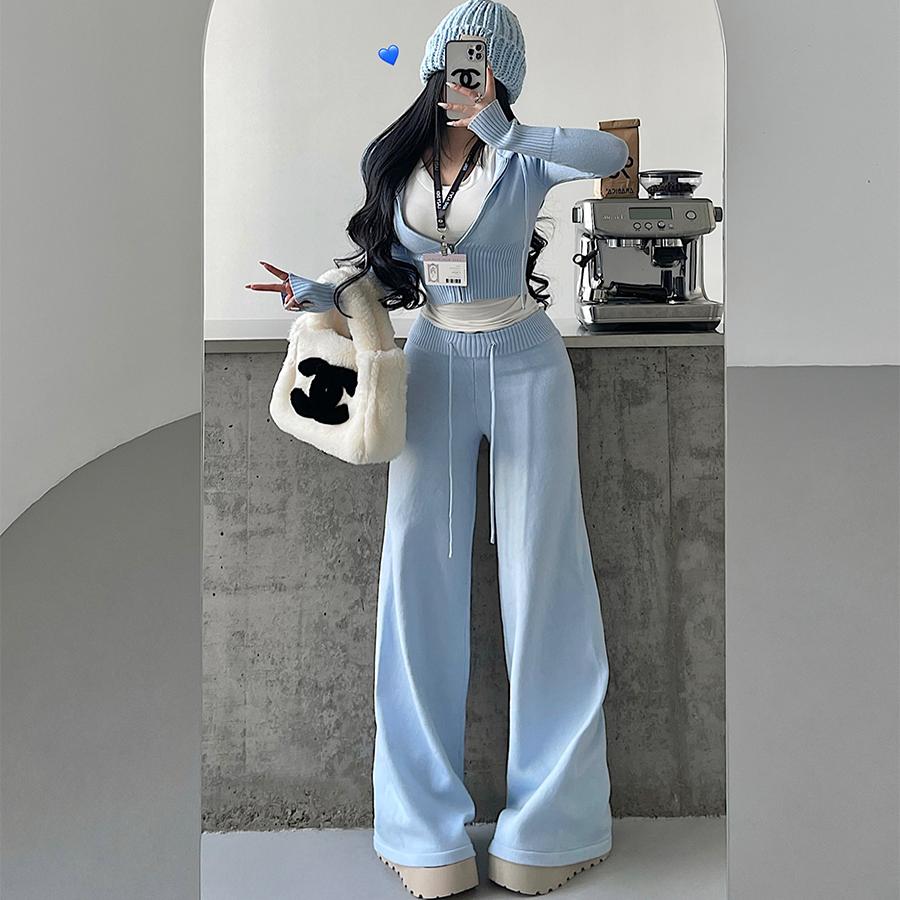 이지 웨어 세트 = 후드 지퍼 카디건 재킷 + 하이웨이스트 레그 캐주얼 팬츠