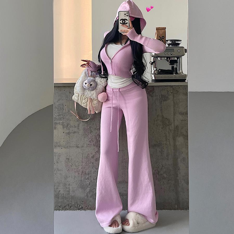 이지 웨어 세트 = 후드 지퍼 카디건 재킷 + 하이웨이스트 레그 캐주얼 팬츠